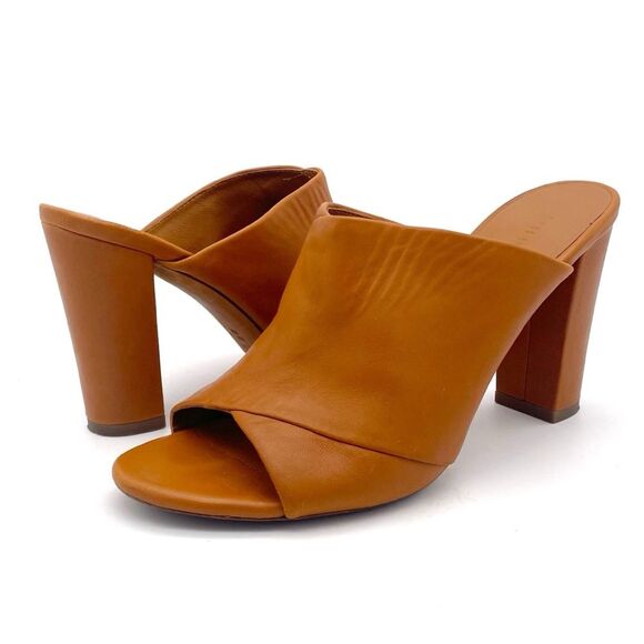 Vince Heath Leather Peep Toe High Block Heeled Mule Cognac Brown Women’s Size 8 - Picture 2 of 16